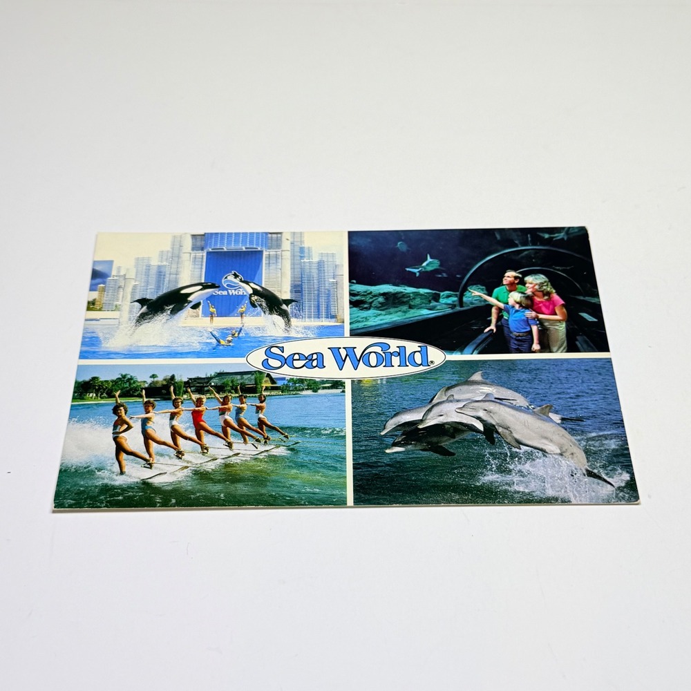 Vintage 1986 SeaWorld Postcard Multi View Shamu Dolphin Water Ski Crocker